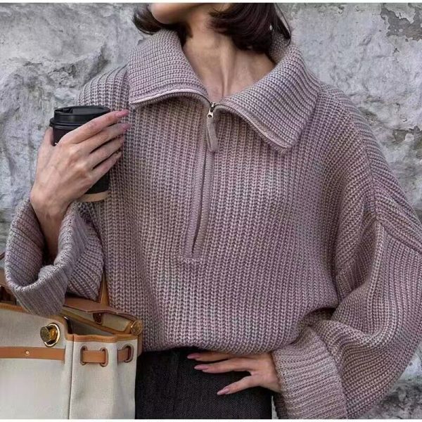 New arrivals winter fall solid color knitwear turn down collar half zipper knitted sweater tops for women