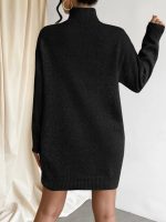 Solid color elegant knitwear women pullover turtleneck knitted casual one piece dress