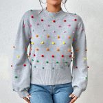 New arrivals Loose Elegant Colored beaded knitwear round neck pullover puff sleeve casual sweater women