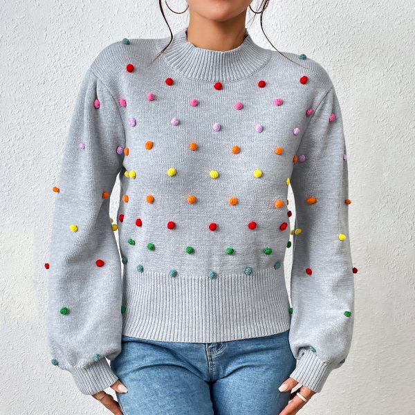 New arrivals Loose Elegant Colored beaded knitwear round neck pullover puff sleeve casual sweater women