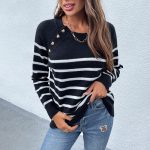 New arrivals pullover elegant jumper women autumn winter o-neck striped shoulder button loose sweaters