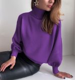 Hot selling women winter solid color puffy sleeve turtleneck fashion short knitwear casual sweater