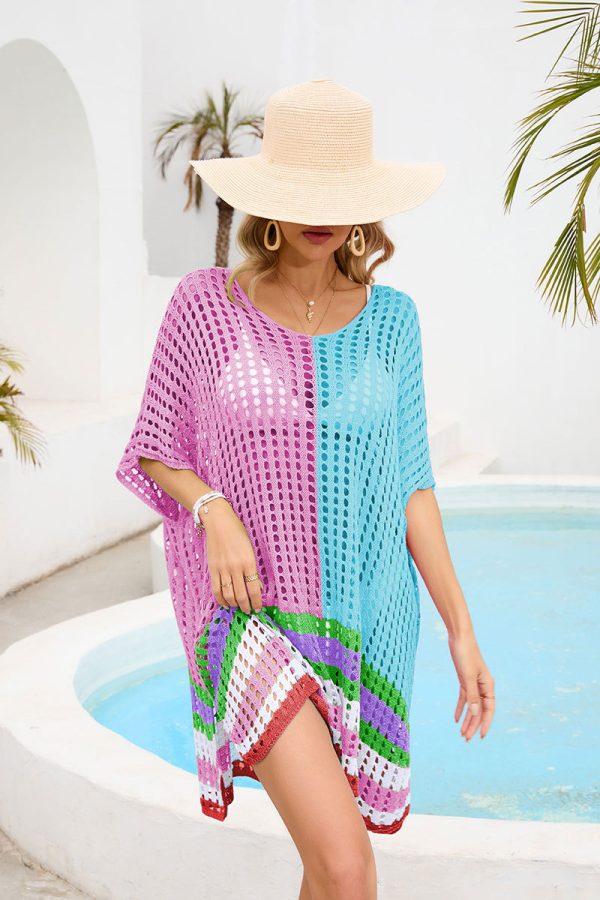 High quality color blocking elegant knitwear women pullover oversize U-neck knitted hollow out beach dress