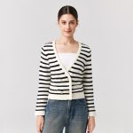 Knitwear Black white striped Merino wool elegant sweater coat Double Breasted gold cardigans women