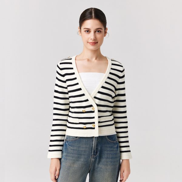 Knitwear Black white striped Merino wool elegant sweater coat Double Breasted gold cardigans women