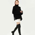 hot selling high neck solid color pullover knitwear women long oversize knit split casual sweaters