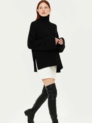 hot selling high neck solid color pullover knitwear women long oversize knit split casual sweaters