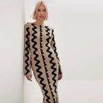 High quality Round neck wavy stripes knitwear color contrast flared sleeves wool slim fit elegant maxi knitted long dres
