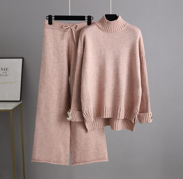 Trending Fashion rolled neck sweaters wide leg pants 2 piece set women knitted winter autumn casual streetwear