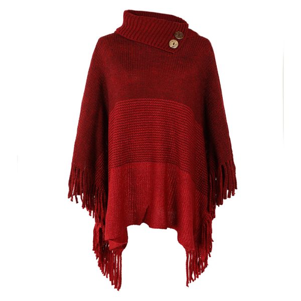 Autumn Winter Fringed Cloak Shawl Tassel Half Open Collar Color Blocking Sweater coat for Women