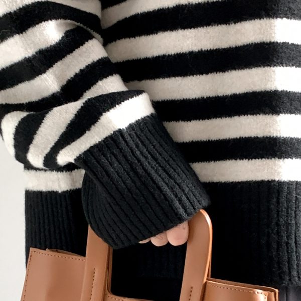 Autumn winter soft loose lazy stylish lapel collar half zipper high neck thick striped women's sweater