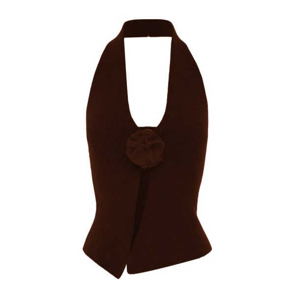 Hot selling solid color halter sexy knitwear women fashion slim waist sleeveless backless summer knitted vest with rose