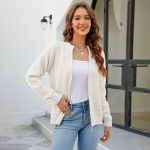 solid color full zipper women knitwear zip-up crew neck cardigans sweaters