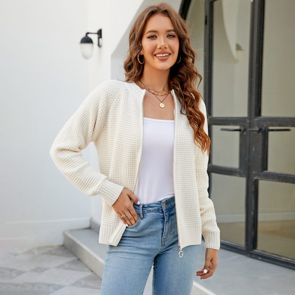 solid color full zipper women knitwear zip-up crew neck cardigans sweaters
