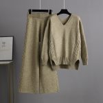 Trending Fashion V neck oversize cable sweaters wide leg pants elegant knitted loungewear women two piece pants set