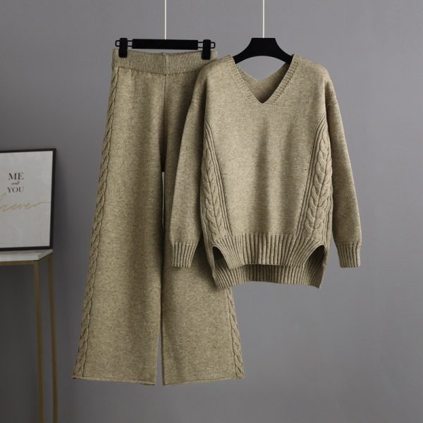 Trending Fashion V neck oversize cable sweaters wide leg pants elegant knitted loungewear women two piece pants set