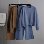 Trending Fashion Winter Autumn round neck oversize Pullover Cable sweaters wide leg pants knitted 2 piece set for women