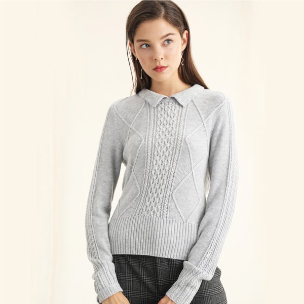 New design spring summer lapel collar cable knit sweaters women pullover long sleeve knitted sweater