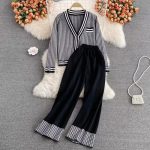 New arrivals women elegant single-breasted cardigans knit high waist pants set color blocking 2 piece matching outfits