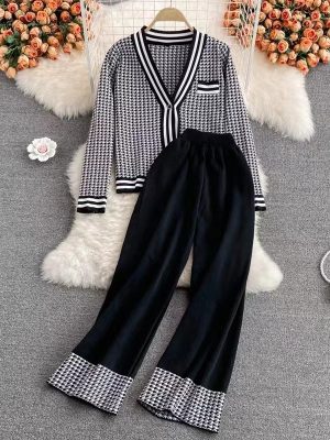 New arrivals women elegant single-breasted cardigans knit high waist pants set color blocking 2 piece matching outfits