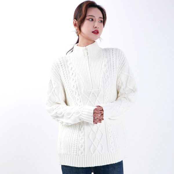 High quality thick twist solid color warm fleece tops elegant half zipper turtleneck pullover sweaters for women