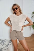Trending Fashion Loose summer casual set pocket solid color sweater high waist shorts 2 piece matching outfits for women