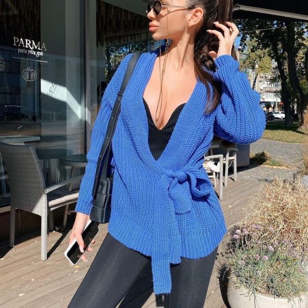 Fall winter v neck lace up knitwear thicken pure color oversize cardigans women sweaters coat