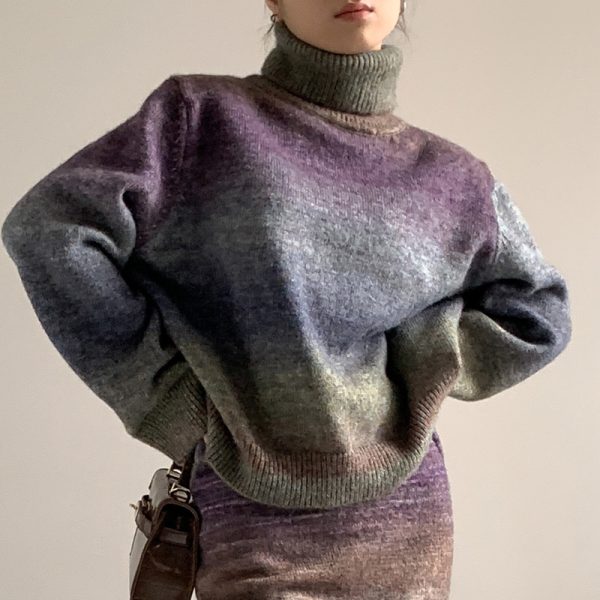 New design stylish wool knitted knitwear high neck loose lazy gradient purple elegant women sweaters