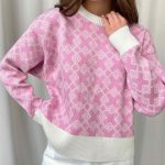 round neck jacquard knitwear women short plaid loose jumper color blocking sweaters