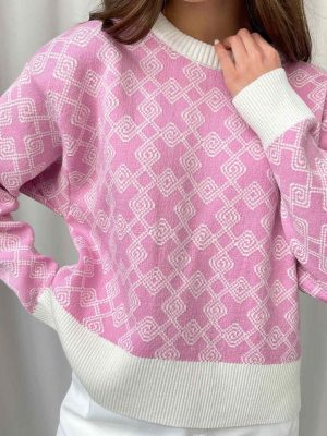 round neck jacquard knitwear women short plaid loose jumper color blocking sweaters