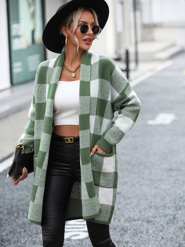 Hot selling oversize women knitwear matching color knitted sweaters fall winter plaid cardigans