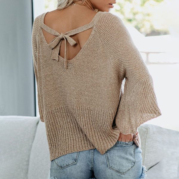 Spring Summer women fashion off shoulder solid color sweaters lace up loose elegant flare sleeve jumpers