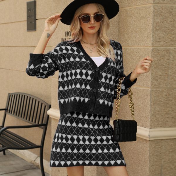 clothing Casual jacquard Knit Outfits Elegant single-breasted cardigans high waist knitted dress 2 piece set