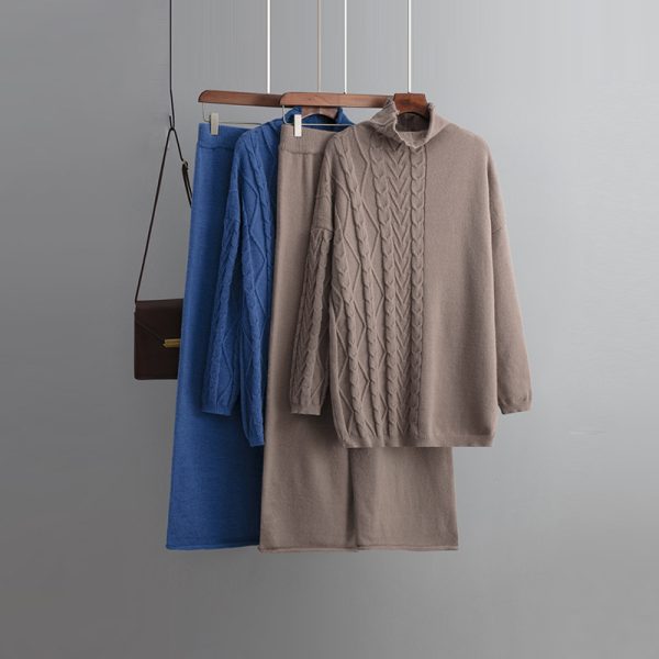 Trending Fashion Winter Autumn Casual Pullover Loungewear Elegant cable sweaters wide leg two piece pants set
