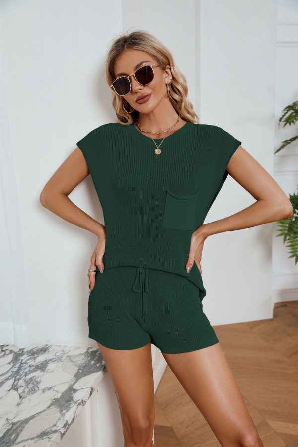 Trending Fashion Loose summer casual set pocket solid color sweater high waist shorts 2 piece matching outfits for women