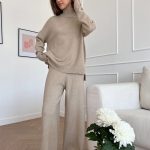 clothing color blocking conjuntos para mujeres turtleneck sweater wide leg pants 2 piece set women loungewear