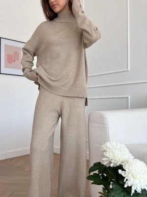 clothing color blocking conjuntos para mujeres turtleneck sweater wide leg pants 2 piece set women loungewear