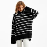 New style rolled neck knitwear oversize side split striped jumpers long sleeve women turtleneck sweaters