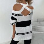Hot selling round neck hollow out halter sweaters pullover color blocking casual striped jumpers mujer