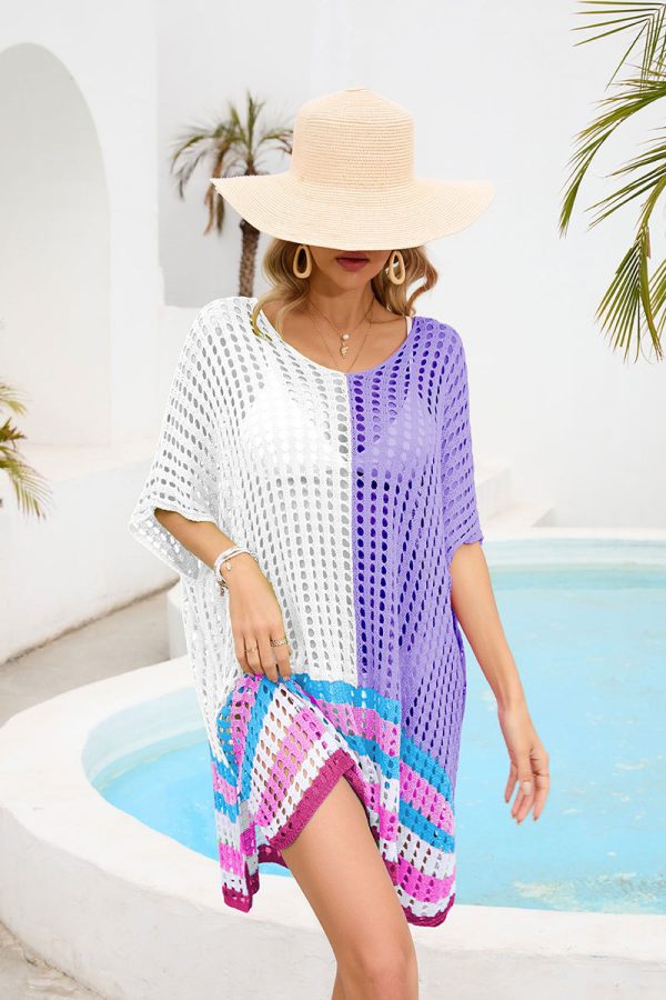 High quality color blocking elegant knitwear women pullover oversize U-neck knitted hollow out beach dress