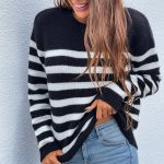 Hot sales round neck pullover casual jumpers mujer long sleeve fall winter loose striped sweaters for women