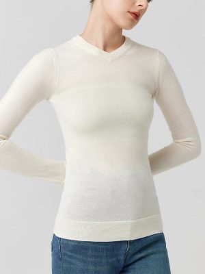 Merino Wool small V-neck knitwear Autumn winter silk wool elegant sweaters knitted basic sweaters top