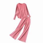 Hot selling pure color women loungewear elegant pullover loose knitted wide leg pants 2 piece set women