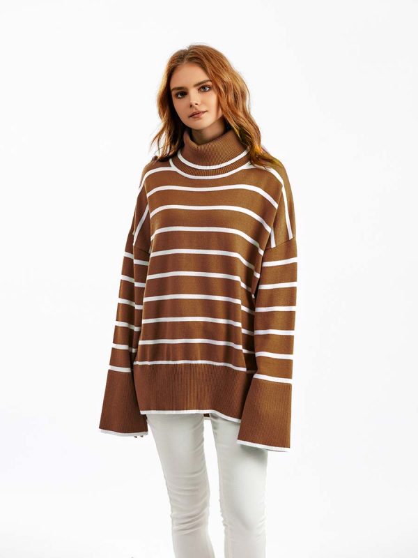 New style rolled neck knitwear oversize side split striped jumpers long sleeve women turtleneck sweaters