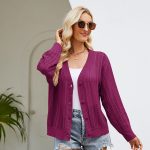 women hollow out sweater v neck Long Sleeve knitwear winter solid color knitted elegant cardigan