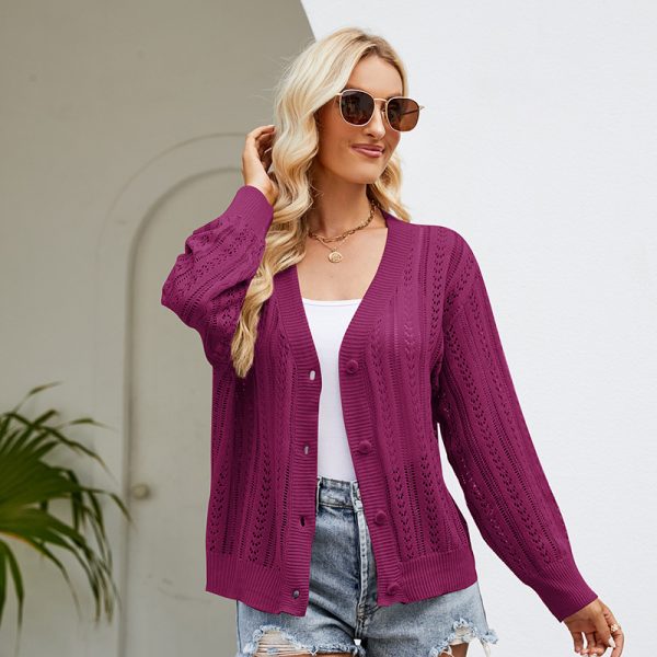 women hollow out sweater v neck Long Sleeve knitwear winter solid color knitted elegant cardigan