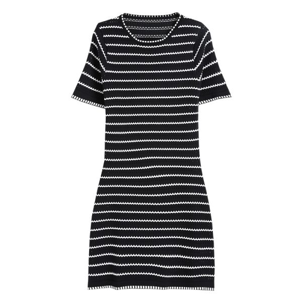 women round neck short sleeve pullover knitwear slim fit Striped elegant A-line knitted dress