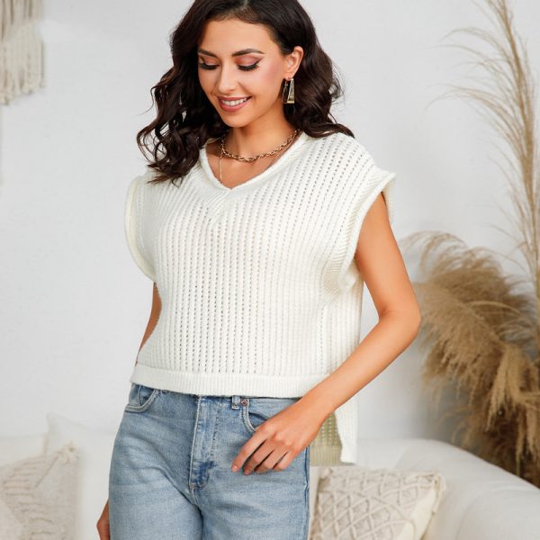hot sales sleeveless single color knitwear women casual pullover irregular design v neck sweater