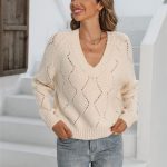 hot selling v neck pure color hollow out knitwear women pullover oversize short sweaters