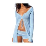 Hot selling lace up single-breasted solid color knitted vacation outfits high waist shorts 2 piece set women